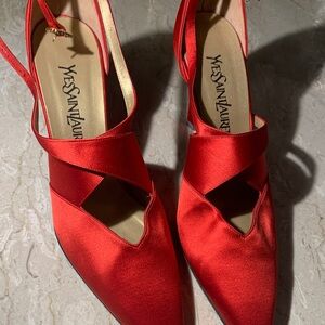 Yves Saint Laurent Satin Red Cutout Slingback Pumps original